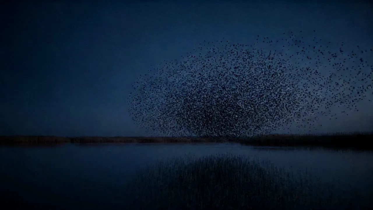 A murmuration of thousands of starlings flowing like one living organism over a still lake at blue hour.