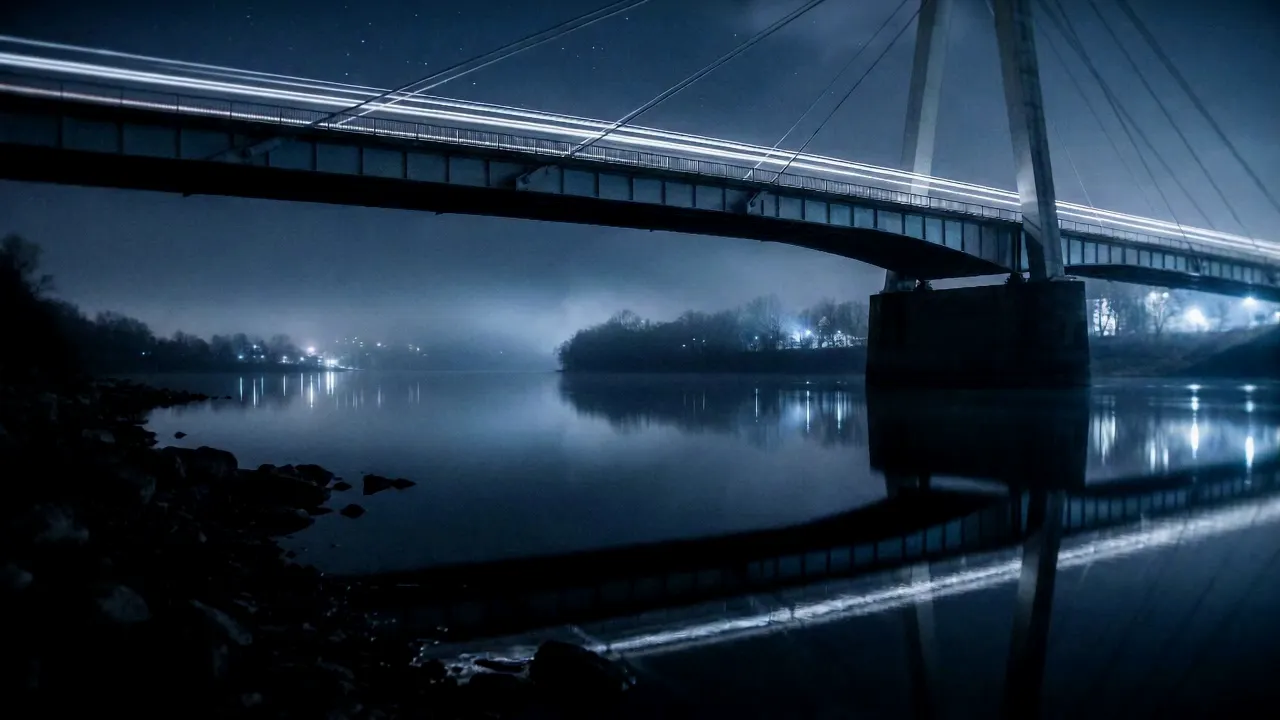 A cable-stayed bridge at night, traffic light trails running along its deck and mirrored in a still river.