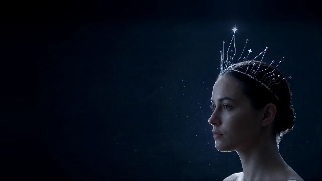 A woman in left-facing profile wearing a fine silver-wire crown topped with a four-pointed star, against deep navy in a cool silver rim light.